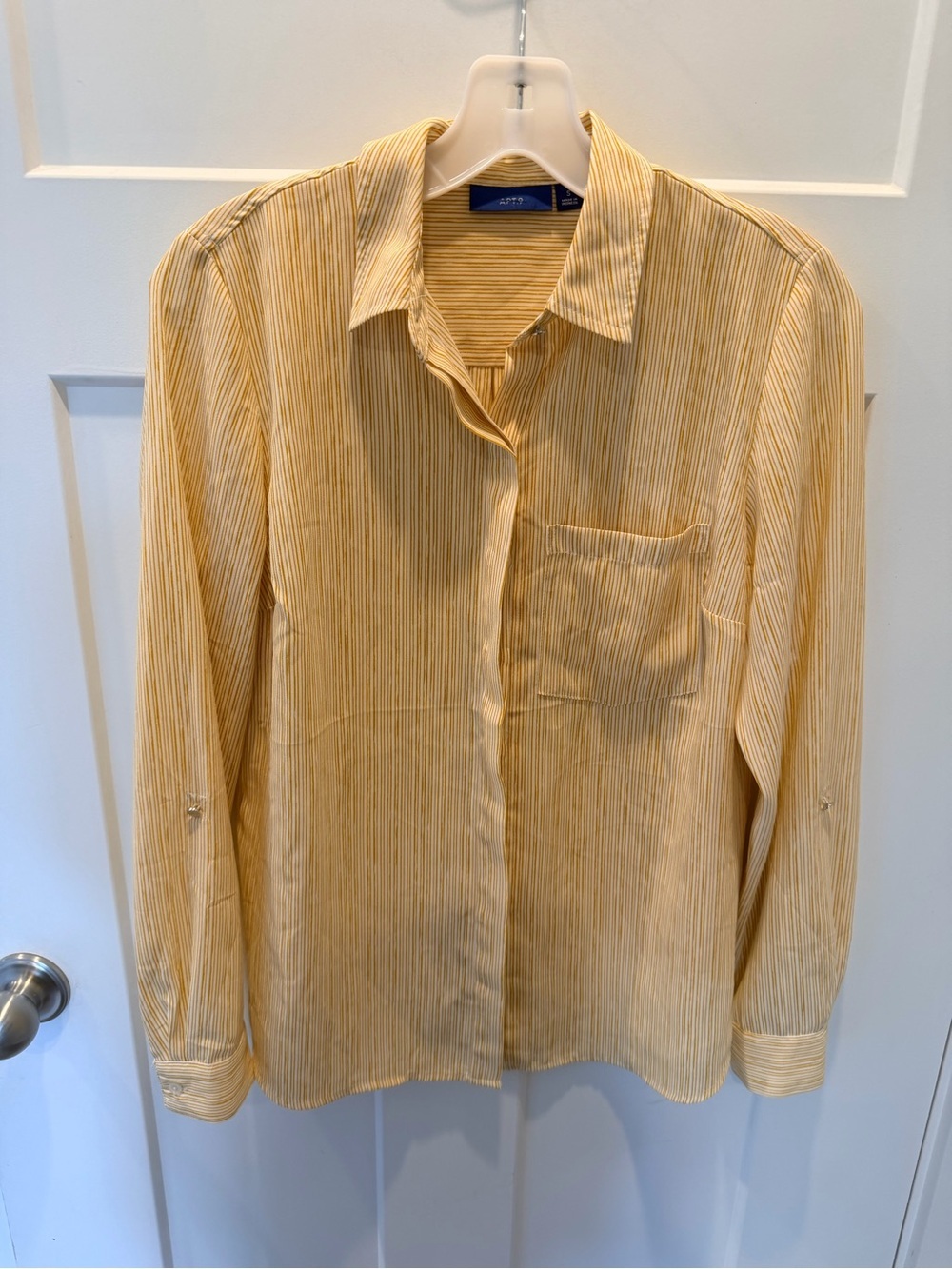 Apt. 9 Small Yellow White Pinstripe Roll Tab Sleeve Collared Blouse